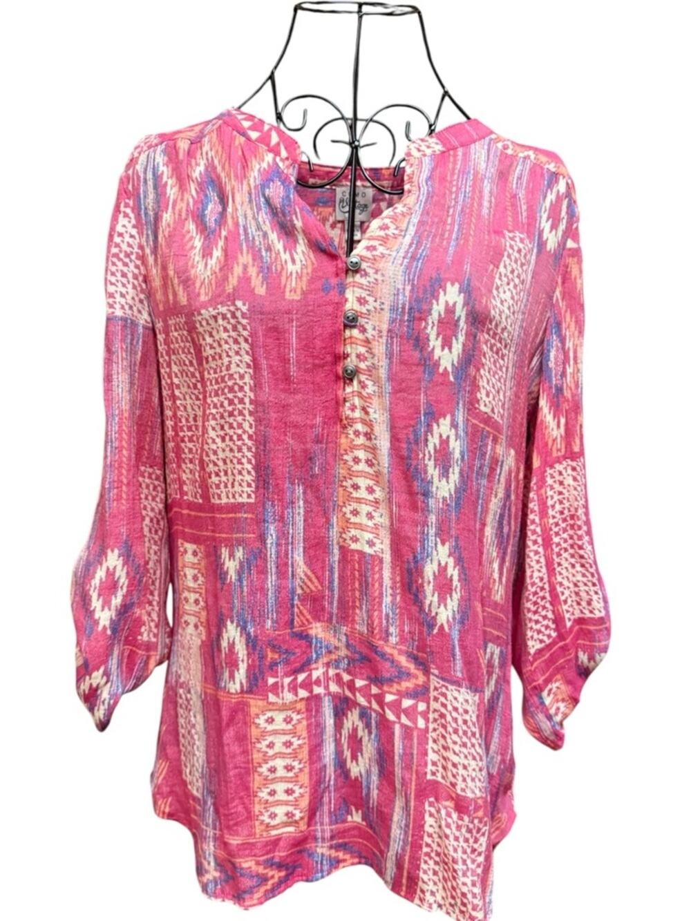 Como Vintage Pink Multi-Pattern Button Placket Tunic Medium